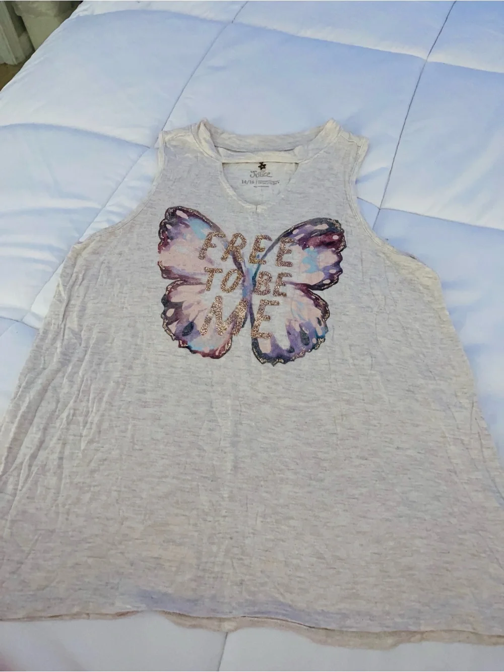 Justice Girls Cream Tank with Pastel Butterfly and Gold Glitter